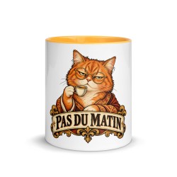Mug Premium Griffona — Pas du Matin, Chat au Café, Intérieur Jaune Or