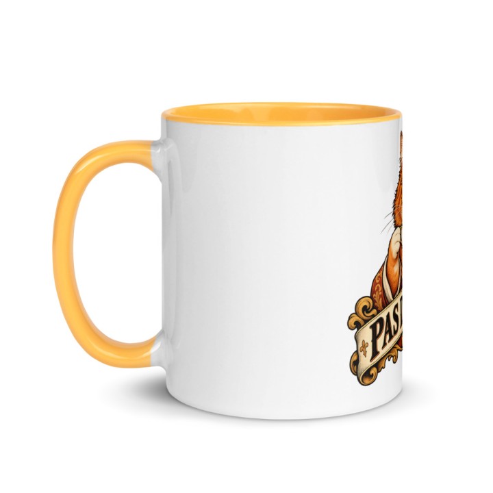 Mug Premium Griffona — Pas du Matin, Chat au Café, Intérieur Jaune Or