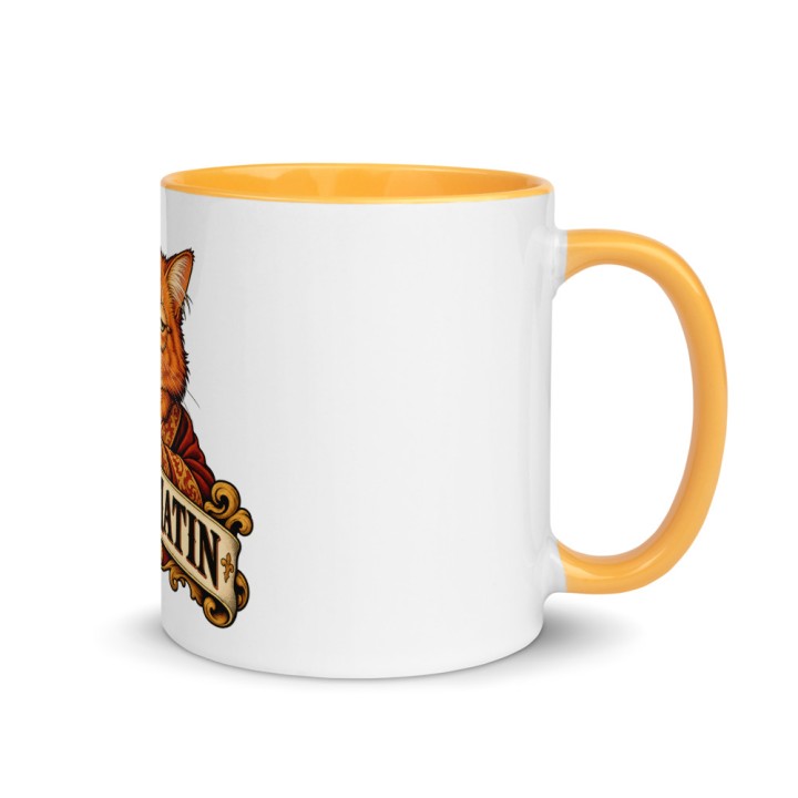 Mug Premium Griffona — Pas du Matin, Chat au Café, Intérieur Jaune Or