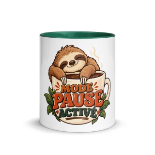 Mug Premium Griffona — Mode Pause Activé, Paresseux Zen, Intérieur Vert Sapin