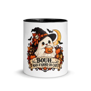 Mug Premium Griffona — Bouh… Mais d'Abord un Café, Fantôme d'Halloween, Intérieur Noir